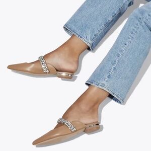 KURT GEIGER LONDON PRINCELY Camel Leather Crystal rhinestone Strap Flats Mules